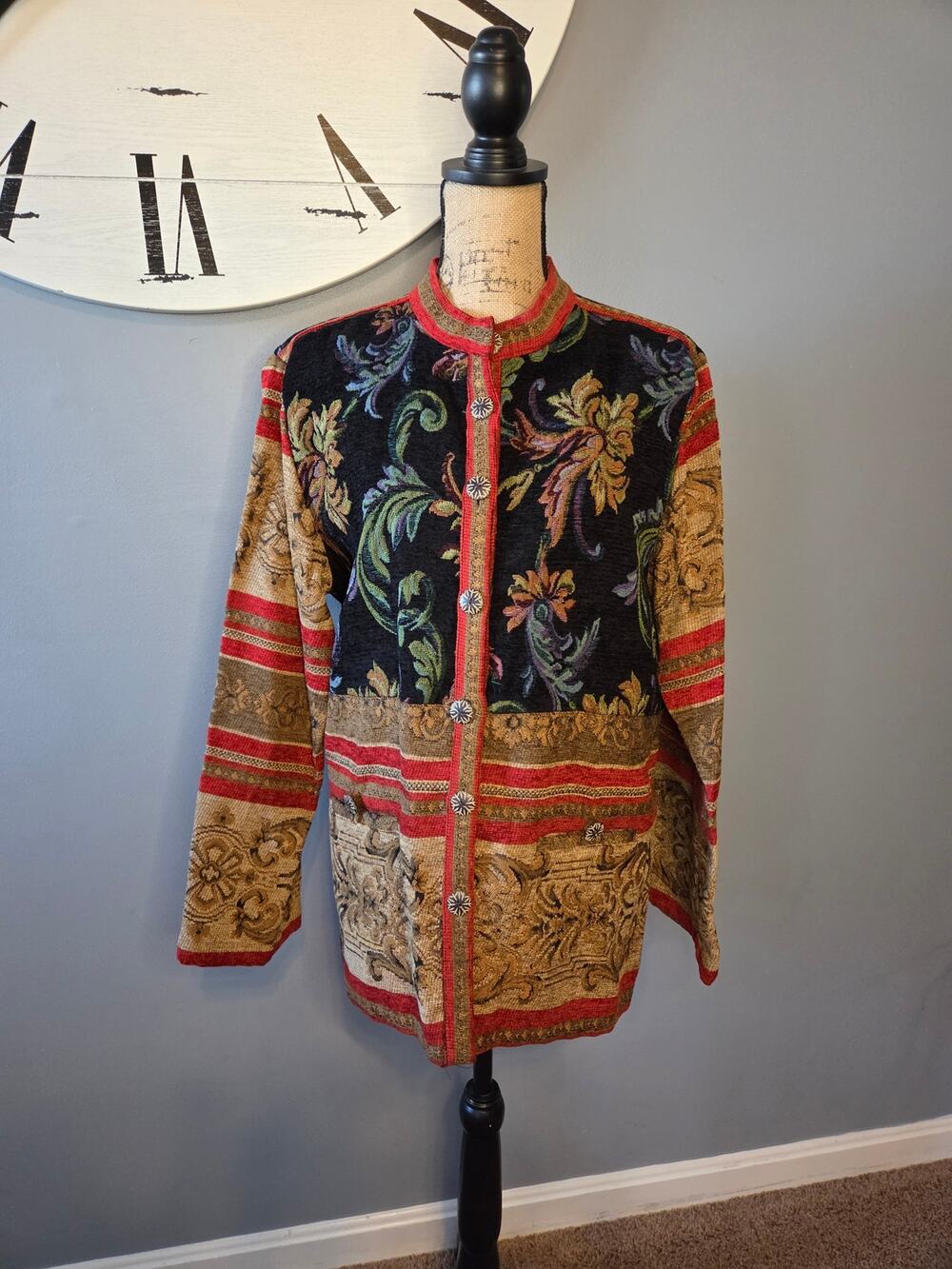 Vintage Tapestry button jacket multi pattern paisley floral Sag Harbor 14